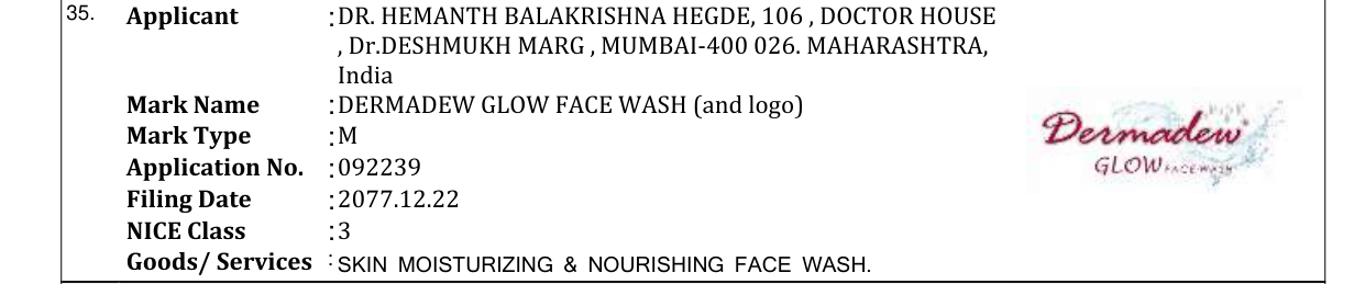 Original bulletin entry for DERMADEW GLOW FACE WASH (and logo)
