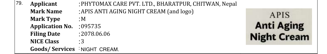 Original bulletin entry for APIS ANTI AGING NIGHT CREAM (and logo)