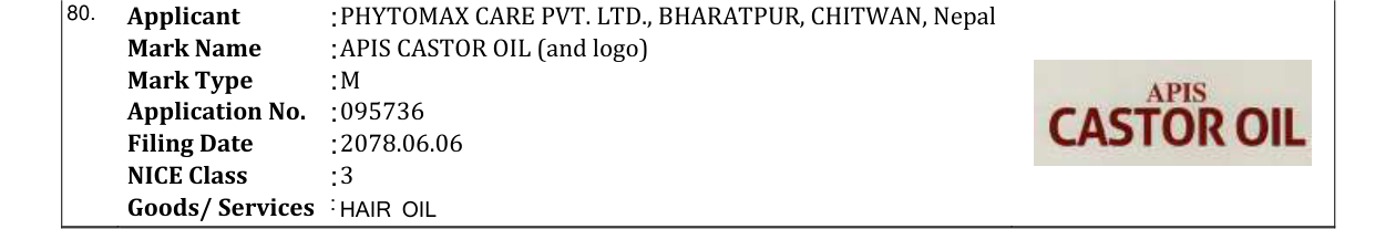 Original bulletin entry for APIS CASTOR OIL (and logo)