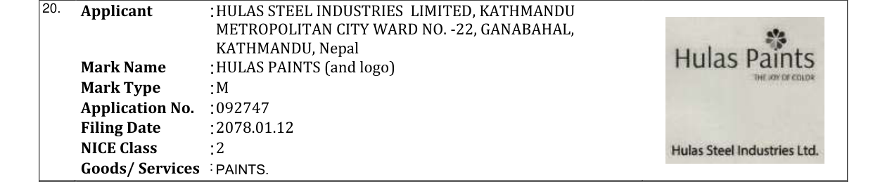 Original bulletin entry for HULAS PAINTS (and logo)