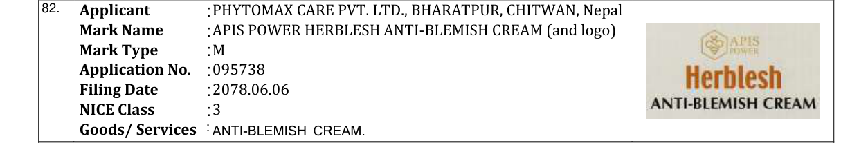 Original bulletin entry for APIS POWER HERBLESH ANTI-BLEMISH CREAM (and logo)
