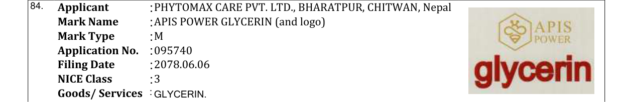 Original bulletin entry for APIS POWER GLYCERIN (and logo)