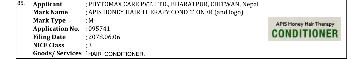 Original bulletin entry for APIS HONEY HAIR THERAPY CONDITIONER (and logo)