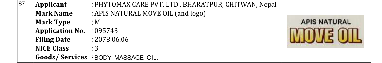 Original bulletin entry for APIS NATURAL MOVE OIL (and logo)