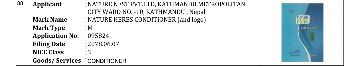 Original bulletin entry for NATURE HERBS CONDITIONER (and logo)