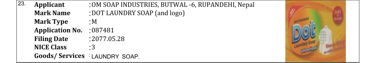 Original bulletin entry for DOT LAUNDRY SOAP (and logo)