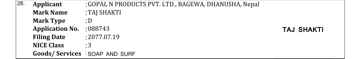 Original bulletin entry for TAJ SHAKTI