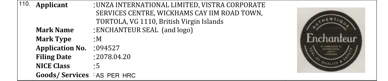 Original bulletin entry for ENCHANTEUR SEAL (and logo)