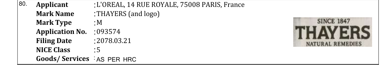Original bulletin entry for THAYERS (and logo)