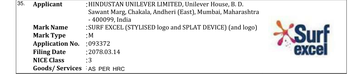 Original bulletin entry for SURF EXCEL (STYLISED logo and SPLAT DEVICE) (and logo)
