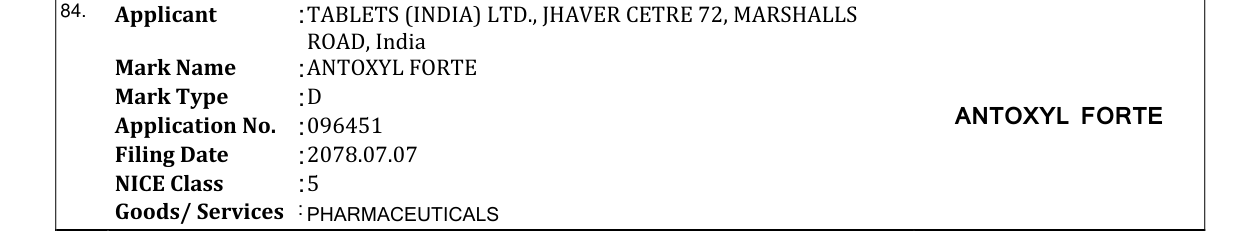 Original bulletin entry for ANTOXYL FORTE