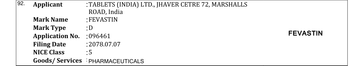 Original bulletin entry for FEVASTIN
