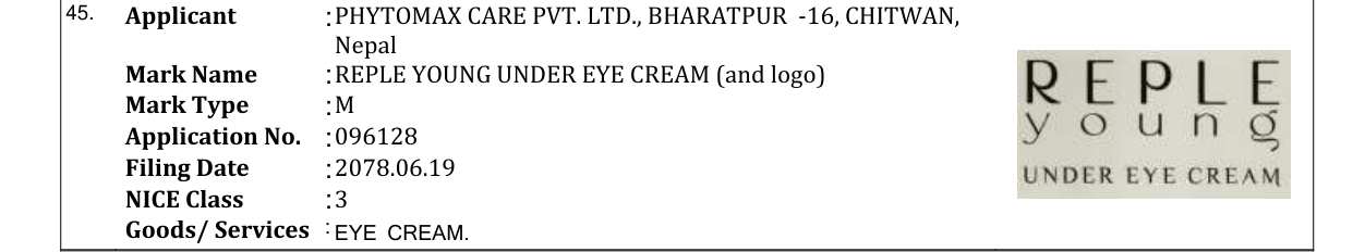 Original bulletin entry for REPLE YOUNG UNDER EYE CREAM (and logo)
