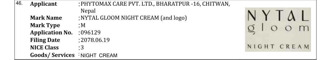 Original bulletin entry for NYTAL GLOOM NIGHT CREAM (and logo)