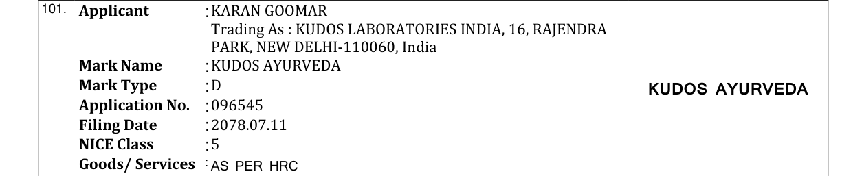 Original bulletin entry for KUDOS AYURVEDA