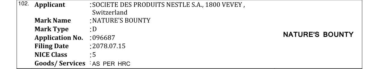 Original bulletin entry for NATURE'S BOUNTY