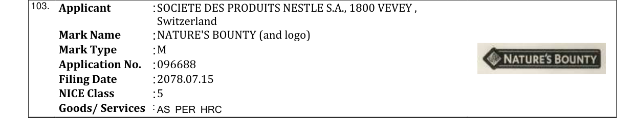 Original bulletin entry for NATURE'S BOUNTY (and logo)