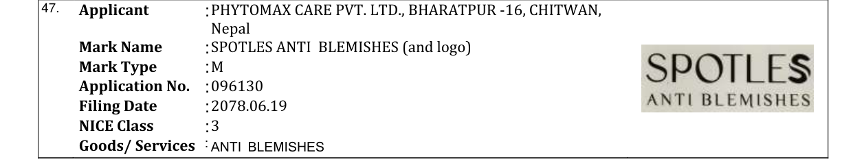 Original bulletin entry for SPOTLES ANTI BLEMISHES (and logo)