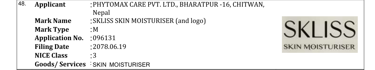 Original bulletin entry for SKLISS SKIN MOISTURISER (and logo)