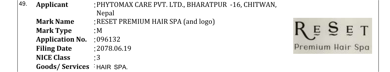 Original bulletin entry for RESET PREMIUM HAIR SPA (and logo)