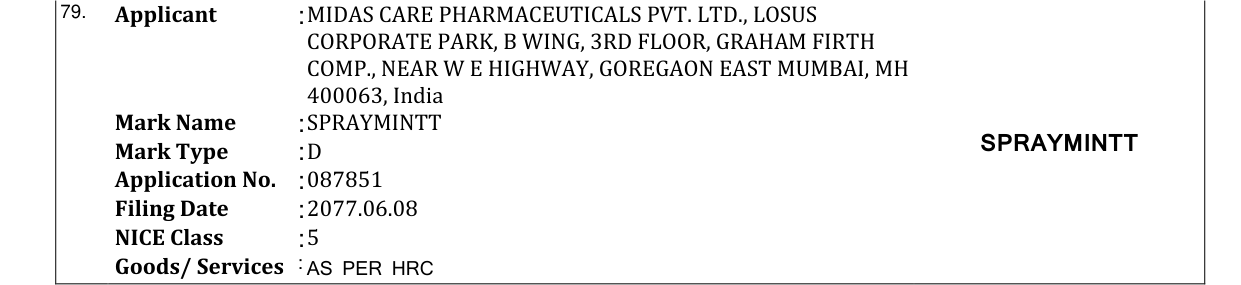 Original bulletin entry for SPRAYMINTT