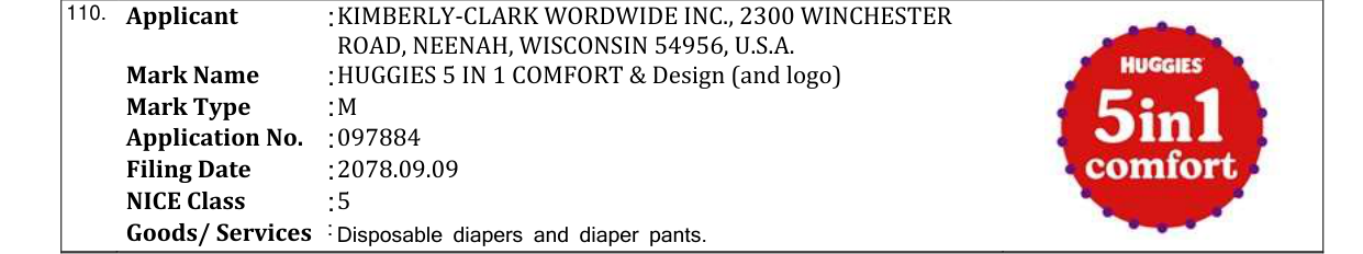 Original bulletin entry for HUGGIES 5 IN 1 COMFORT & Design (and logo)