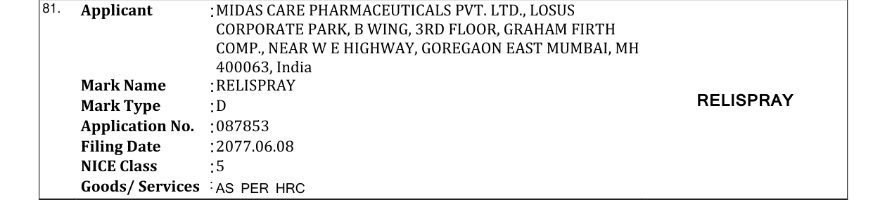 Original bulletin entry for RELISPRAY