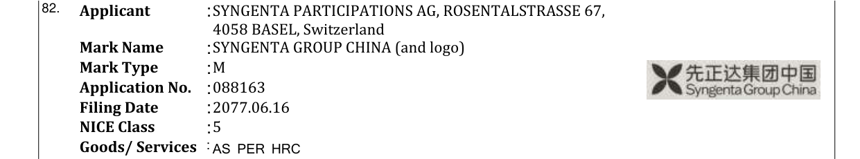 Original bulletin entry for SYNGENTA GROUP CHINA (and logo)