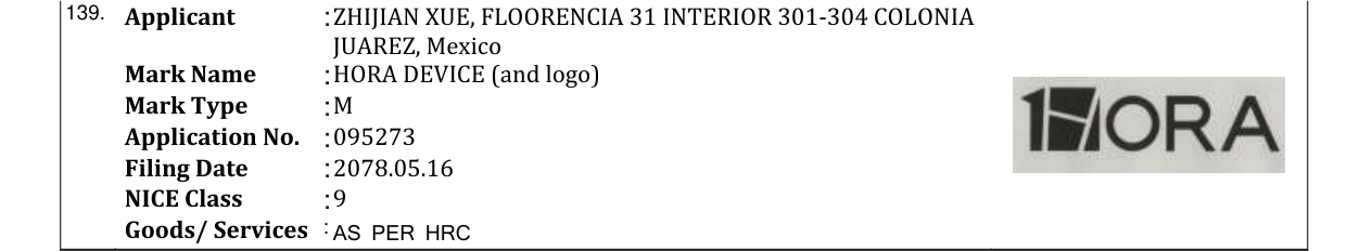 Original bulletin entry for HORA DEVICE (and logo)