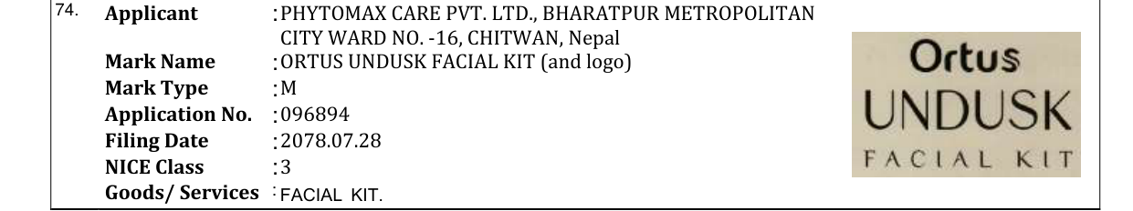 Original bulletin entry for ORTUS UNDUSK FACIAL KIT (and logo)
