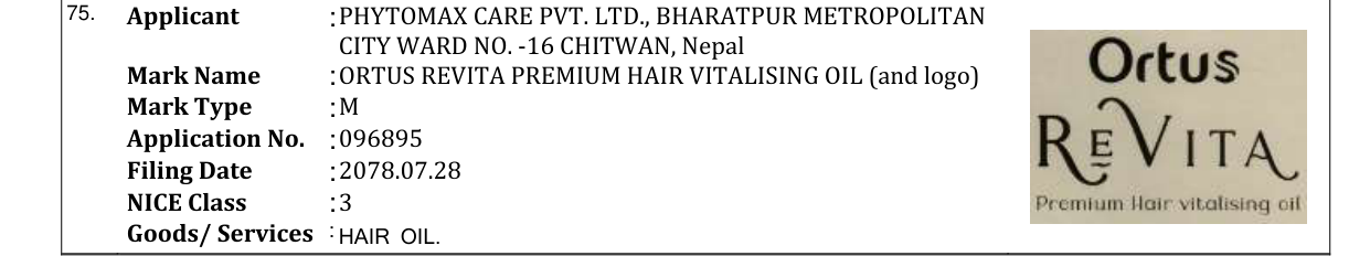 Original bulletin entry for ORTUS REVITA PREMIUM HAIR VITALISING OIL (and logo)