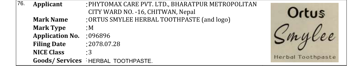 Original bulletin entry for ORTUS SMYLEE HERBAL TOOTHPASTE (and logo)