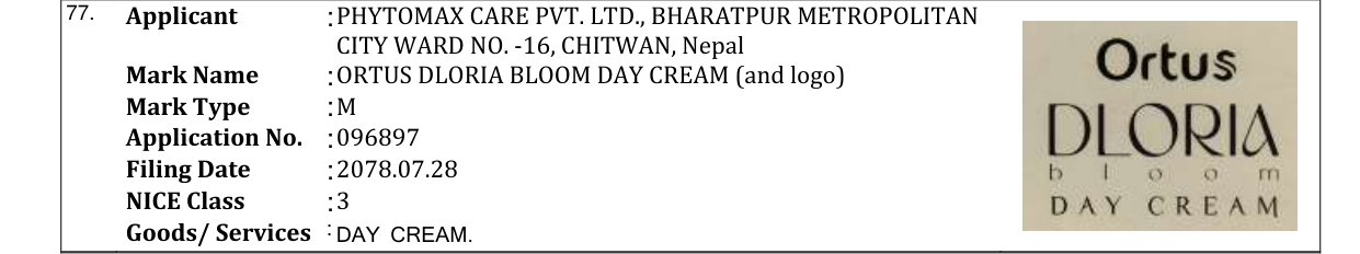 Original bulletin entry for ORTUS DLORIA BLOOM DAY CREAM (and logo)