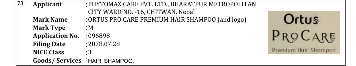 Original bulletin entry for ORTUS PRO CARE PREMIUM HAIR SHAMPOO (and logo)
