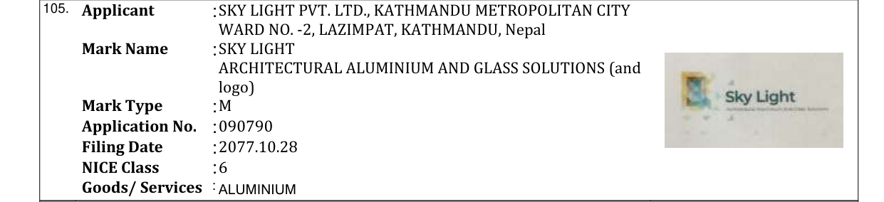 Original bulletin entry for SKY LIGHT ARCHITECTURAL ALUMINIUM AND GLASS SOLUTIONS (and logo)