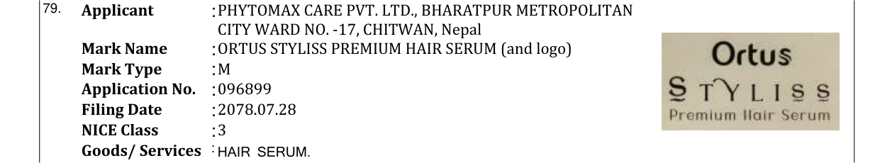Original bulletin entry for ORTUS STYLISS PREMIUM HAIR SERUM (and logo)