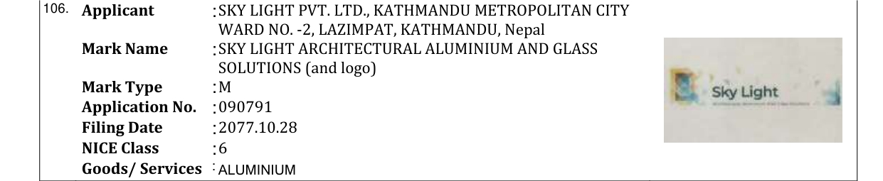 Original bulletin entry for SKY LIGHT ARCHITECTURAL ALUMINIUM AND GLASS SOLUTIONS (and logo)