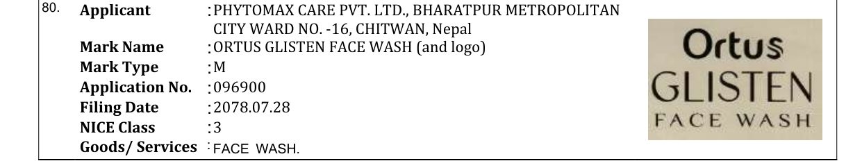 Original bulletin entry for ORTUS GLISTEN FACE WASH (and logo)