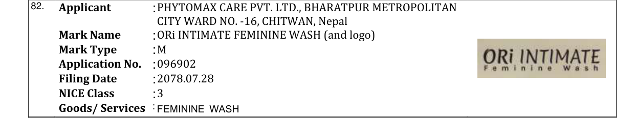 Original bulletin entry for ORi INTIMATE FEMININE WASH (and logo)