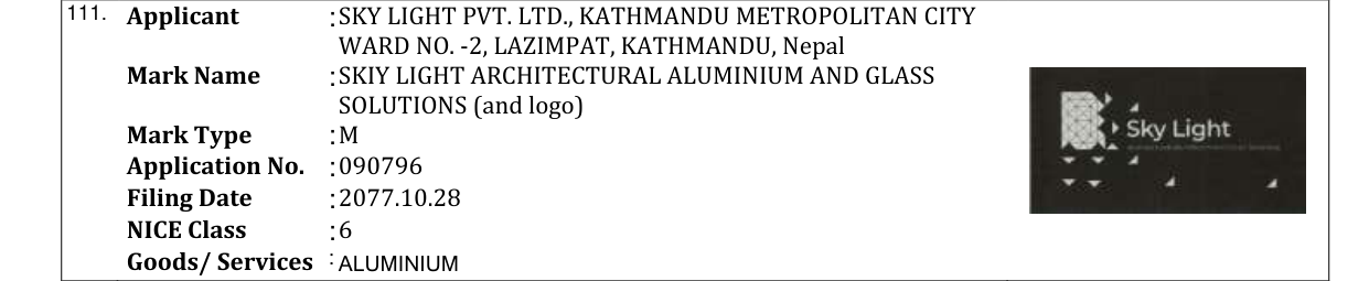 Original bulletin entry for SKIY LIGHT ARCHITECTURAL ALUMINIUM AND GLASS SOLUTIONS (and logo)