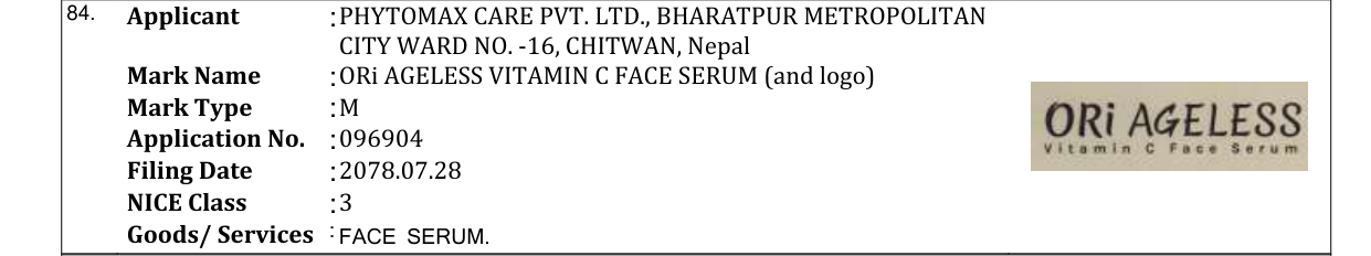 Original bulletin entry for ORi AGELESS VITAMIN C FACE SERUM (and logo)