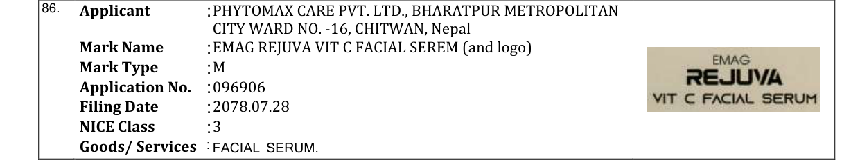 Original bulletin entry for EMAG REJUVA VIT C FACIAL SEREM (and logo)