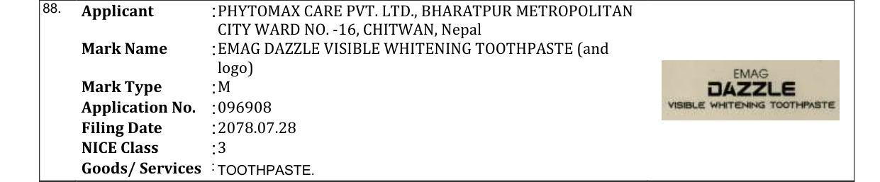 Original bulletin entry for EMAG DAZZLE VISIBLE WHITENING TOOTHPASTE (and logo)