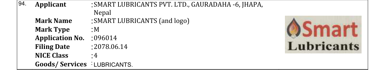 Original bulletin entry for SMART LUBRICANTS (and logo)