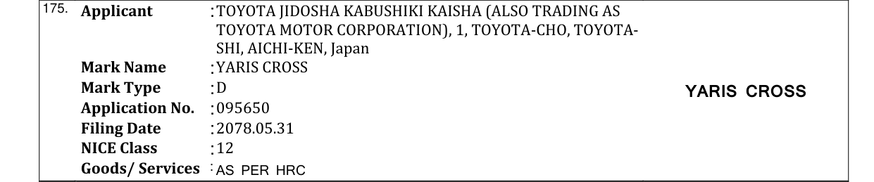 Original bulletin entry for YARIS CROSS