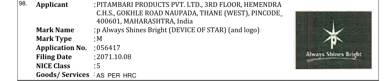 Original bulletin entry for p Always Shines Bright (DEVICE OF STAR) (and logo)