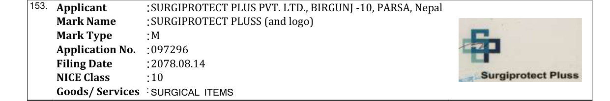 Original bulletin entry for SURGIPROTECT PLUSS (and logo)