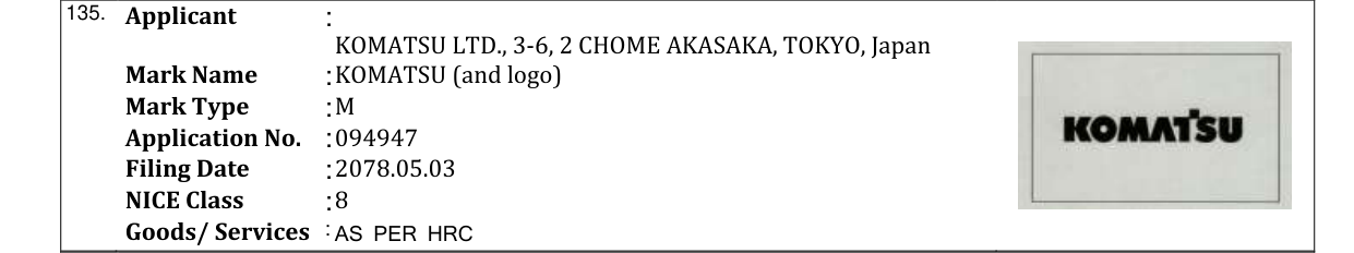 Original bulletin entry for KOMATSU (and logo)