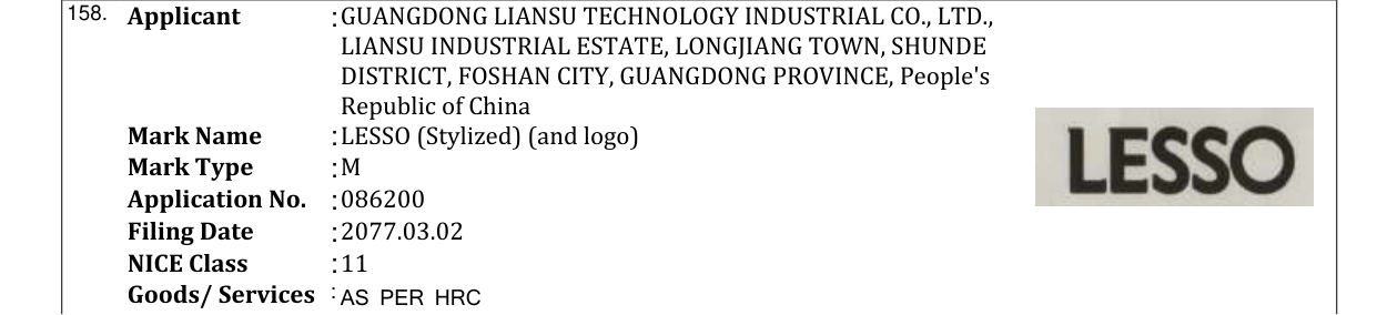 Original bulletin entry for LESSO (Stylized) (and logo)