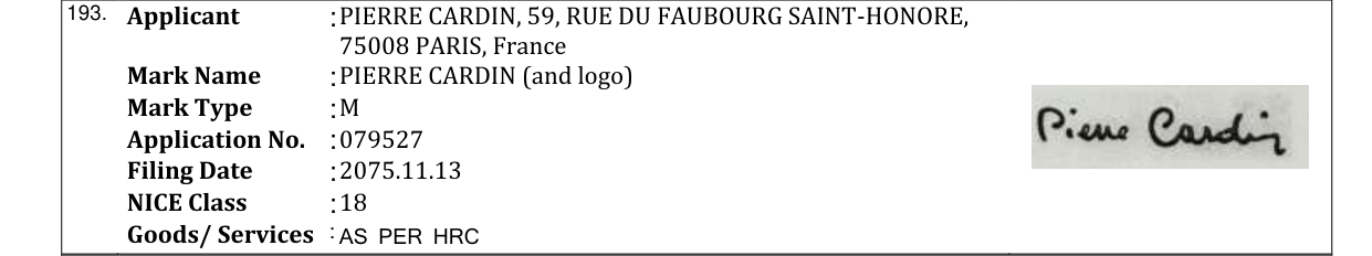 Original bulletin entry for PIERRE CARDIN (and logo)